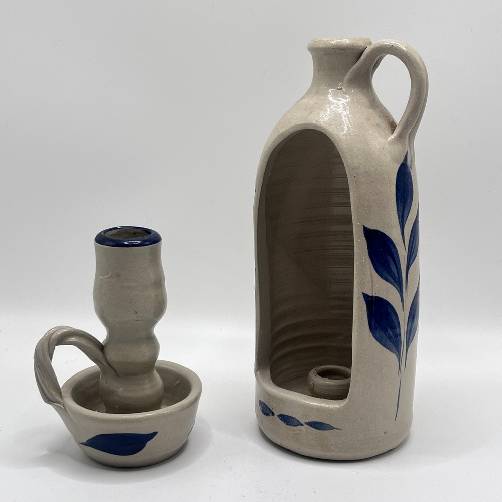 Williamsburg Pottery Cobalt Blue Salt Glaze Stoneware Candle Holder Set 2pc